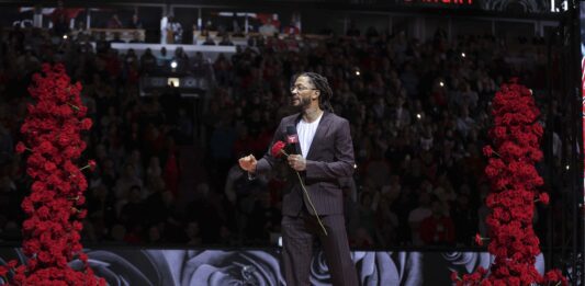Derrick Rose during his jersey retirement announcement ceremony.