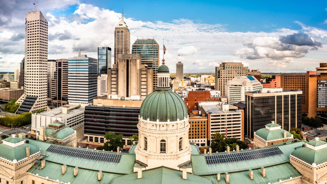 Drone view of the Indiana Statehouse, in Indianapolis. Indiana Statehouse houses the General Assembly, the office of the Governor, the Supreme Court, and other state officials.