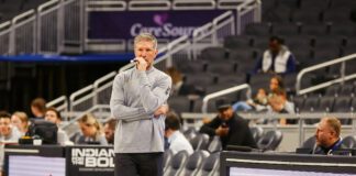 Indiana Mad Ants head coach Tom Hankins at an NBA G League basketball game on the sidelines.
