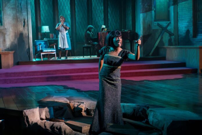 Nina Simone (Akili Ni Mali) in the Indiana Repertory Theatre’s 2025 production of “Nina Simone: Four Women.” (Photo/Zach Rosing)
