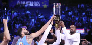 The winning team, the OGs, after the 2025 NBA All-Star Championship Game.