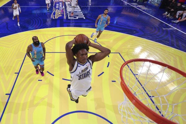 Thompson dunking during the NBA All-Star 2025 game in San Fransisco, California.