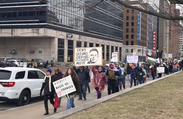 Protesters gathered at the Indiana Statehouse in Downtown Indianapolis beginning at noon on Feb. 5, 2025, as part of the nationwide “50501 Movement” to protest President Donald Trump, Project 2025, and Elon Musk. (Photo/Chloe McGowan)