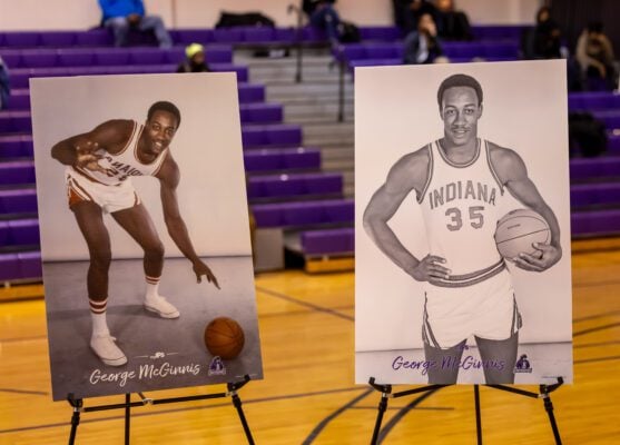 Memorabilia during the George McGinnis Gymnasium renaming ceremony on February 20, 2025, at George Washington High School, in Indianapolis, Indiana. (Photo/Walt Thomas)