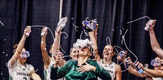 Green Bay celebrates after defeating Purdue Fort Wayne for the 2025 Barbasol Horizon League Women's Basketball Tournament on March 11, 2025 in Indianapolis, Indiana. (Photo/David Dixon)