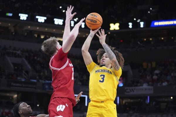 Michgigan guard Tre Donaldson against Wisconsin during the 2025 Big Ten Men's Basketball Tournament Championship game in Indianapolis, Indiana.