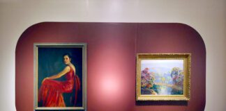 John Wesley Hardrick's "Lady in Red Dress" and "Creek"on view at the Indiana State Museum Feb. 22-June 29, 2025. (Photo/Indiana State Museum)