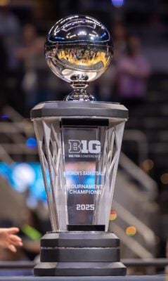 the championship trophy during the 2025 TIAA Big Ten Conference Women's Basketball Tournament Championship Game. 