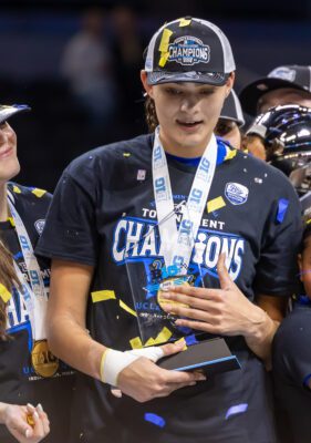 Lauren Betts, winner of the Most Outstanding Player award after UCLA's win over USc in the 2025 TIAA Big Ten Conference Women's Basketball Tournament Championship.