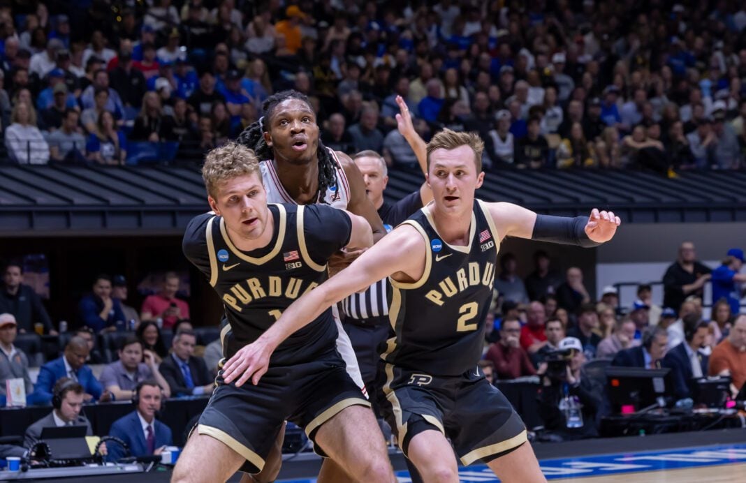 Purdue University men's basketball players Caleb Furst and Fletcher Loyer, both Indiana natives, during the NCAA Tournament (Sweet 16) Regional Semifinls, held on March 28, 2025, at Lucas Oil Stadium, in downtown Indianapolis, Indiana. (Photo/Walt Thomas)