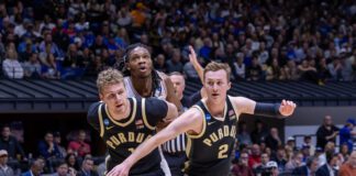Purdue University men's basketball players Caleb Furst and Fletcher Loyer, both Indiana natives, during the NCAA Tournament (Sweet 16) Regional Semifinls, held on March 28, 2025, at Lucas Oil Stadium, in downtown Indianapolis, Indiana. (Photo/Walt Thomas)