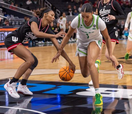 Indiana University Hoosie2 Chioe Moore - McNeil (22) and University of Oregon Alexis Whitfield (1) during the second round of the TIAA Big Ten Conference Women's Basketball Tournament on March 6, 2025 at Gainbridge Fieldhouse, in downtown Indianapolis, Indiana. (Photo/Walt Thomas)