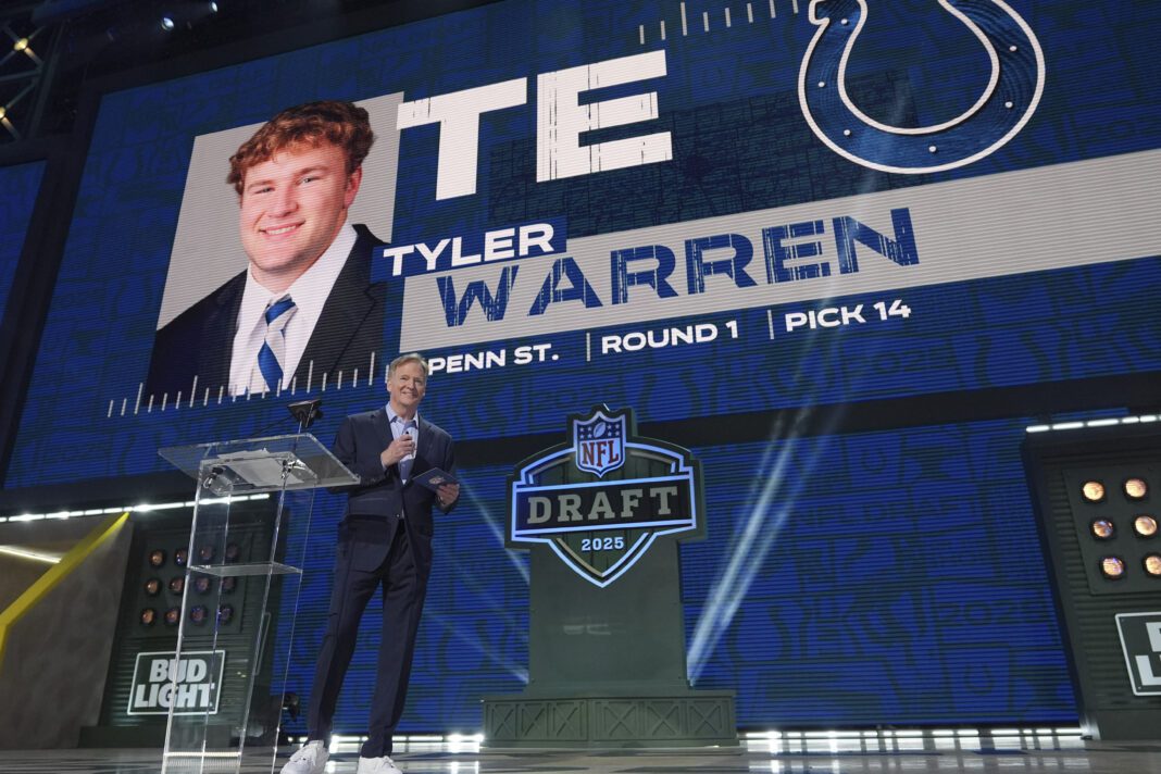 Tyler Warren and Roger Goddell during the 2025 NFL Draft.