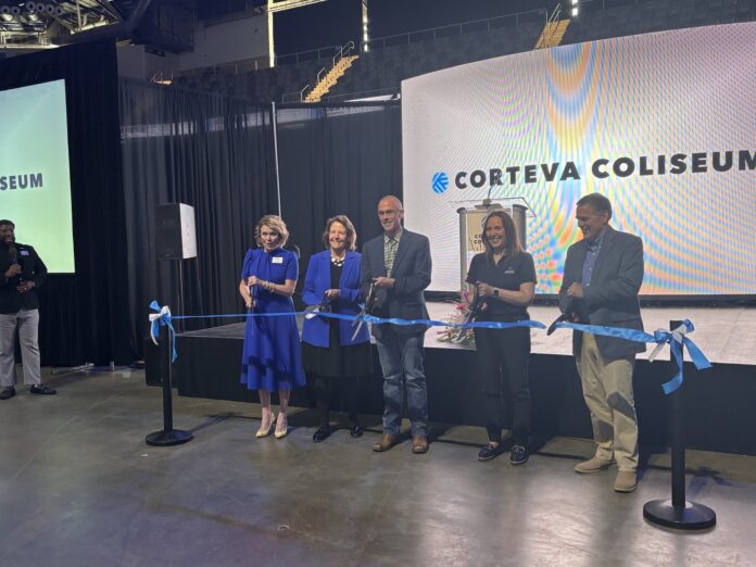 IMG_1356 Community members gathered alongside Corteva and the Indiana State Fairgrounds on April 16 for the unveiling of the newly named Corteva Coliseum.