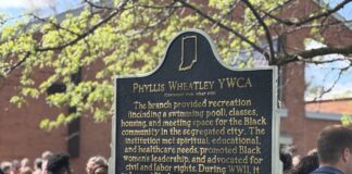 The Phyllis Wheatley YWCA was commemorated with an Indiana State Historical Marker, which stands outside the St. Philips Episcopal Church, on April 26, 2025. (Photo/Chloe McGowan)