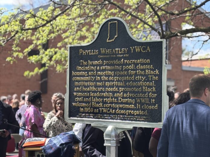 The Phyllis Wheatley YWCA was commemorated with an Indiana State Historical Marker, which stands outside the St. Philips Episcopal Church, on April 26, 2025. (Photo/Chloe McGowan)