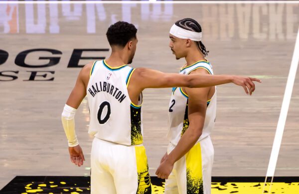 Pacers guards Tyerese Haliburton (0) and Andrew Nembhard (2) during Game 1 of the NBA Playoffs series against the Milwaukee Bucks, on April 19, 2025, at Gainbridge Fieldhouse, in downtown Indianapolis, Indiana. (Photo/Walt Thomas)
