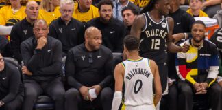 Pacers guards Tyrese Haliburton (0) stares down the opposing bench during Game 1 of the NBA Playoffs series against the Milwaukee Bucks, on April 19, 2025, at Gainbridge Fieldhouse, in downtown Indianapolis, Indiana. (Photo/Walt Thomas)