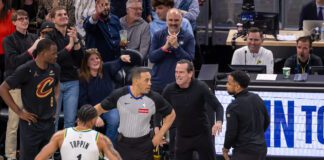 Cleveland Cavaliers head Coach Kenny Atkinson gets upset after receiving a Technical foul and is ejected from the game following the NBA game between the Indiana Pacers and Cleveland Cavaliers on April 10, 2025, at Gainbridge Fieldhouse, in downtown Indianapolis, Indiana. (Photo/Walt Thomas)