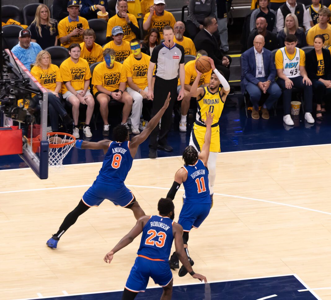 Indiana Pacers vs New York Knicks 2025 NBA Playoffs Eastern Conference Finals at Gainbridge Fieldhouse in downtown Indianapolis, Indiana.