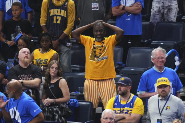 Game 7 NBA Finals Indiana Pacers Oklahoma City Thunder, fan reacts to Tyrese Haliburton achilles injury in the opening moments of  the game.