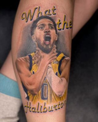 A tattoo of Tyrese Haliburton on the leg of a Pacers Fan tattooed prior to the 2025 NBA Finals.