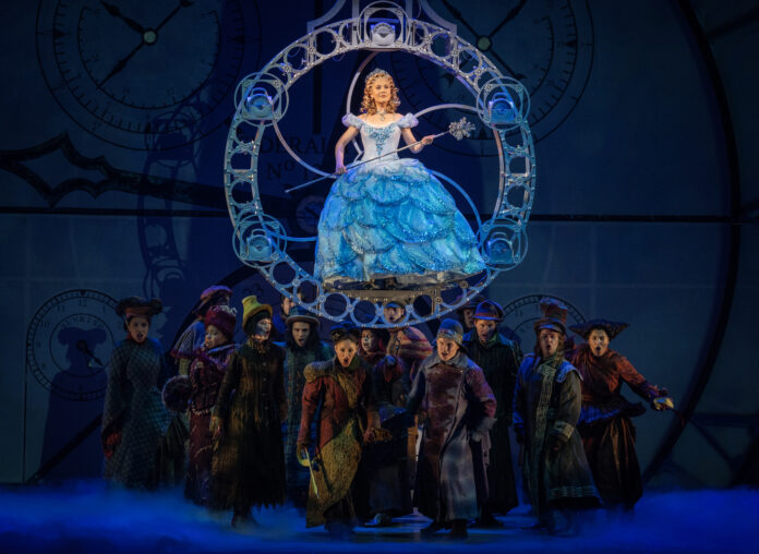 Zoe Jensen as Glinda (center) and the National Touring Company of "WICKED," which is onstage at Old National Centre now through July 6. (Photo/Joan Marcus)