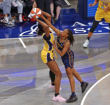 Fever guard Kelsey Mitchell (0) during the Los Angeles Sparks versus Indiana Fever WNBA game on July 5, 2025, at Gainbridge Fieldhouse, in downtown, Indianapolis, Indiana. (Photo/David Dixon)