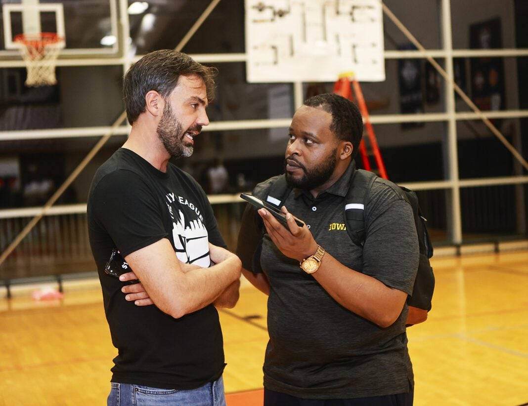 Senior Sports Reporter and founder of Horsemen Sports Media Noral Parham (Right) and Executive Director of The City League Austin Taylor speaking about the Granddaddy Dust Bowl Tournament, happening during the 2025 season of the Indiana State Fair. (Photo/David Dixon)