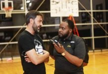 Senior Sports Reporter and founder of Horsemen Sports Media Noral Parham (Right) and Executive Director of The City League Austin Taylor speaking about the Granddaddy Dust Bowl Tournament, happening during the 2025 season of the Indiana State Fair. (Photo/David Dixon)
