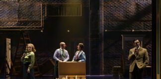 Tyler Meredith, Michael Stewart Allen, Ema Zivkovic and Jürgen Hooper in the Indiana Repertory Theatre’s 2025 production of “The 39 Steps.” (Photo/Zach Rosing)