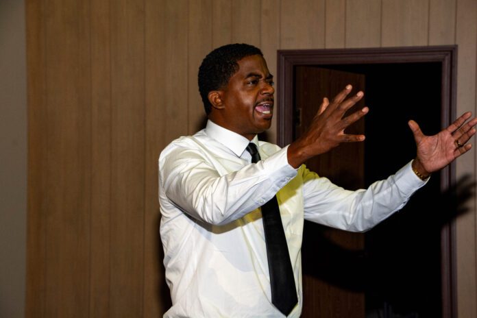Daniel A. Martin as Dr. Martin Luther King Jr. in the Indianapolis Black Theatre Company's production of "The Mountaintop." (Photo/DeQuincy Webster of Majestyk Photography)