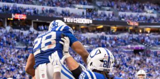 Indianapolis Colts Arizona Cardinals NFL football game 2025-26 season in October of 2025 in downtown Indianapolis, Indiana.