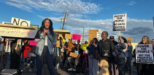 State senator Andrea Hunley (D-Indianapolis) was among a series of neighborhood, church and community leaders that spoke at the rally against the possible data center in Martindale Brightwood. - Zak Cassel / WFYI