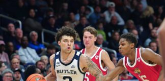 Butler University versus Indiana University-Indianapolis (IU Indy) NCAA men's basketball game at Hinkle Fieldhouse on November 8, 2025 in Indianapolis.