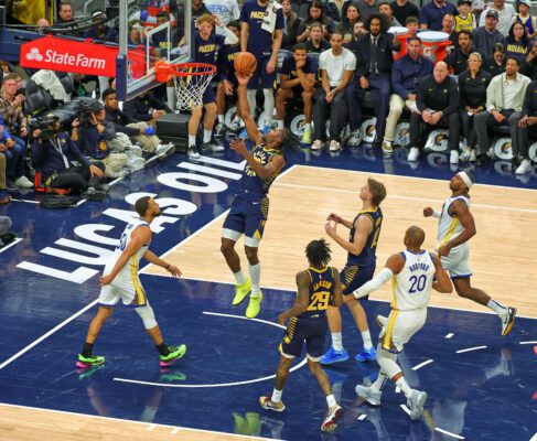 Golden State Warriors versus Indiana Pacers, 2025-26 NBA regular season, Gainbridge Fieldhouse, downtown Indianapolis, Indiana in November.