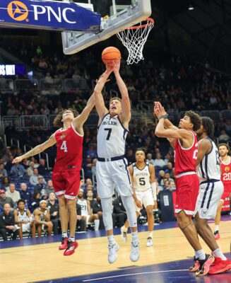Butler University versus Indiana University-Indianapolis (IU Indy) NCAA men's basketball game at Hinkle Fieldhouse on November 8, 2025 in Indianapolis.