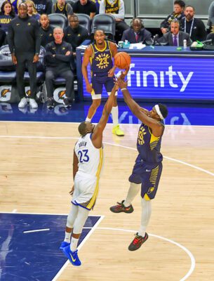 Golden State Warriors versus Indiana Pacers, 2025-26 NBA regular season, Gainbridge Fieldhouse, downtown Indianapolis, Indiana in November.