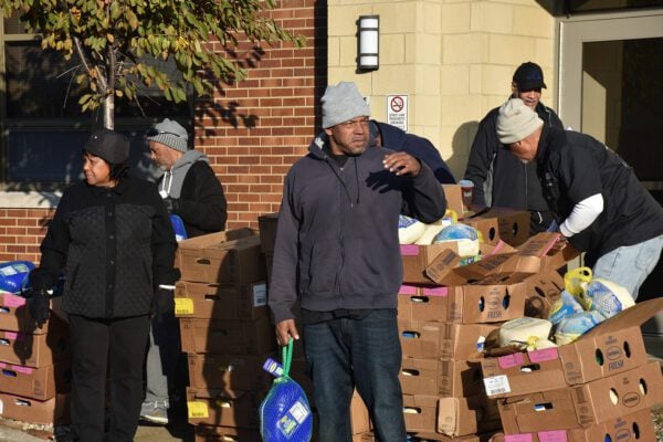 Holy Angels Catholic Church and School in Indianapolis, Indiana giving out holiday meals and turkeys to the community for 2025 Thanksgiving.