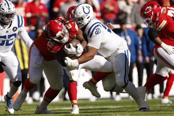 Indianapolis Colts at Kansas City Chiefs NFL football game in Missouri in November of 2025.