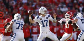 Indianapolis Colts at Kansas City Chiefs NFL football game in Missouri in November of 2025.
