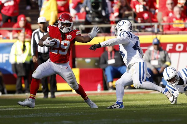 Indianapolis Colts at Kansas City Chiefs NFL football game in Missouri in November of 2025.