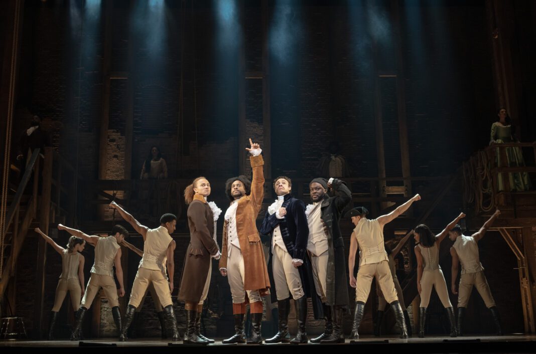 L to R: Nathan Haydel, Tyler Fauntleroy, Jared Howelton, Elvie Ellis, and Company - HAMILTON National Tour. (Photo/Joan Marcus 2024)