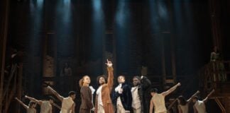 L to R: Nathan Haydel, Tyler Fauntleroy, Jared Howelton, Elvie Ellis, and Company - HAMILTON National Tour. (Photo/Joan Marcus 2024)