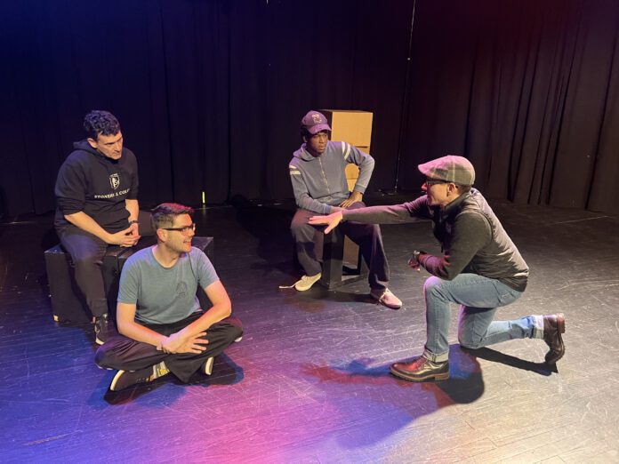 Eric Olson (Ben), Joe Wagner (Gideon) and Jy’Ierre Jones (Reuben) in rehearsal for “St. Sebastian” with director Jay Hemphill. (Photo provided/That Other Theater Company)
