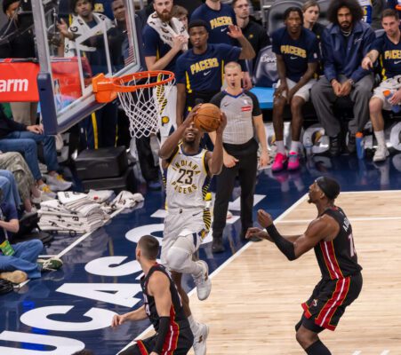 Miami Heat at Indiana Pacers NBA Basketball game in Indianapolis, Indiana.