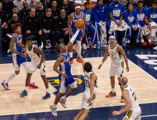 Philadelphia 76ers at Indiana Pacers NBA basketball game in Indianapolis in February of 2026.