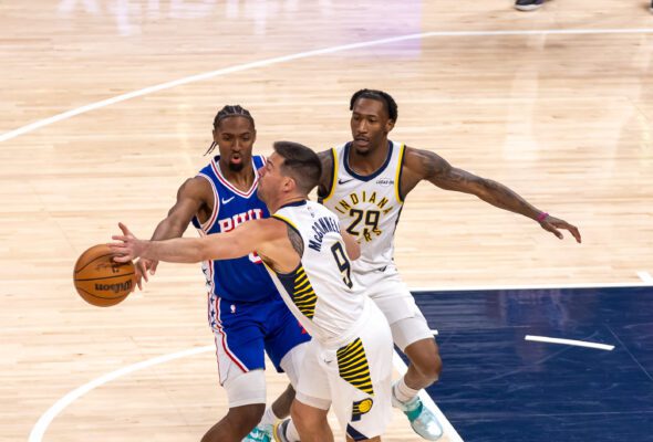 Philadelphia 76ers at Indiana Pacers NBA basketball game in Indianapolis in February of 2026.