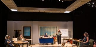 The cast of the "English" onstage at the Indiana Repertory Theatre March 10-April 4. (Photo/Zach Rosing)