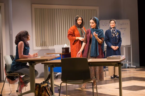 Goli (Emelia Maryam Mosay), Elham (Natasha Behnam), Marjan (Neagheen Homaifar) and Roya (Leyla Modirzadeh) in the Indiana Repertory Theatre’s 2026 production of “English.” (Photo/Zach Rosin)